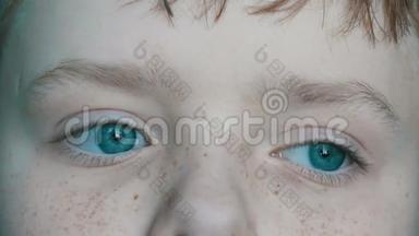 青绿色的眼睛，年轻的金发男孩，脸上有红色的雀斑，长长的白色睫毛，遮住了视野